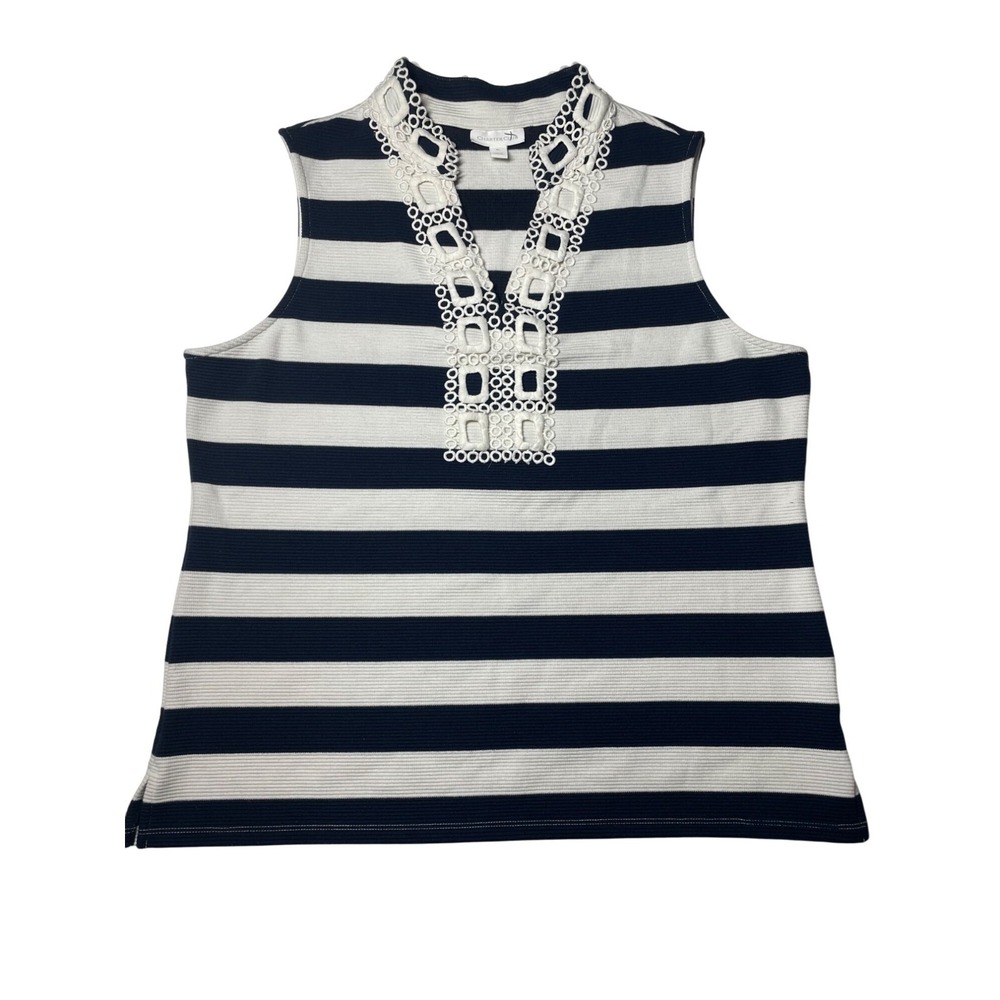 Women's Charter Club Tank Sleeveless Top Size XL Navy & White Striped Crochet
